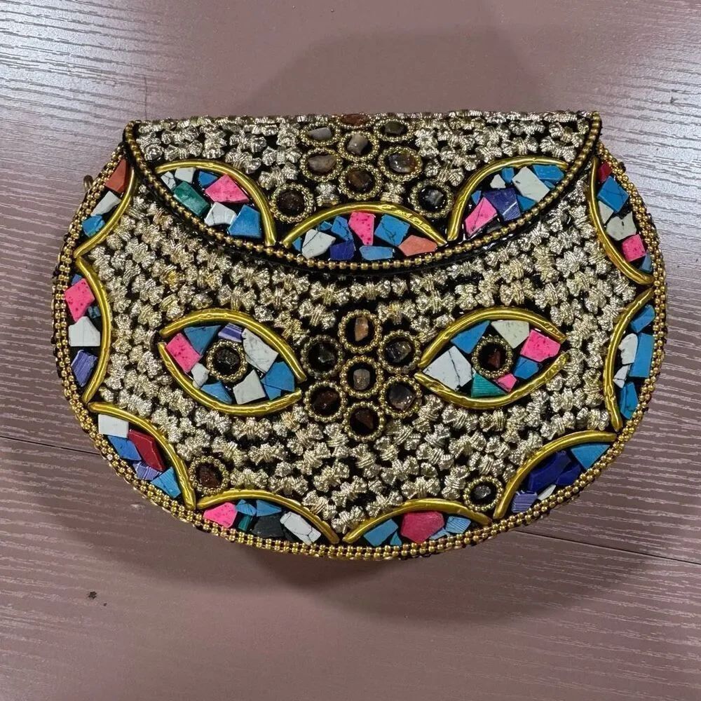 NEW RAMLA Rio mosaic handcrafted gold multicolor shoulder bag clutch new